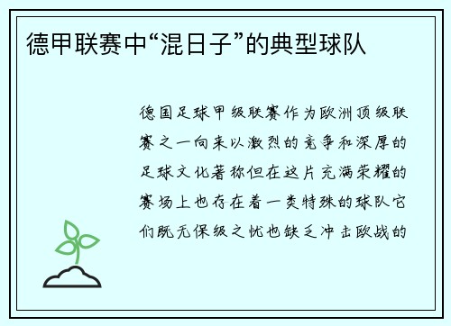 德甲联赛中“混日子”的典型球队